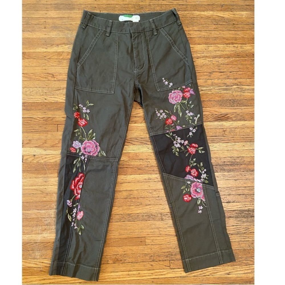 Anthropologie Floral Embroidered Pants - Olive Green with Pink and Red Accents